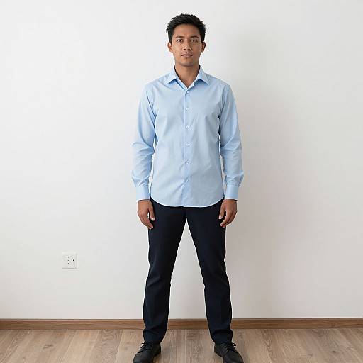 Photograph of a young Asian man with short black hair, wearing a light blue button-up shirt, black pants, and black shoes, standing against a