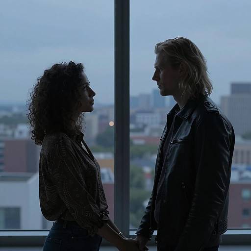 Couple Holding Hands Silhouetted Against Cityscape