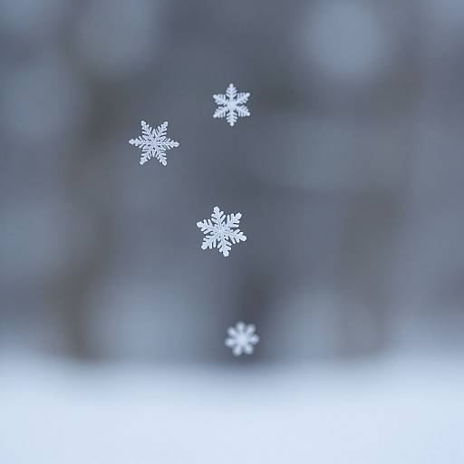 Photograph of three white snowflakes floating in a blurred, blue-gray winter background, with a soft, icy texture.