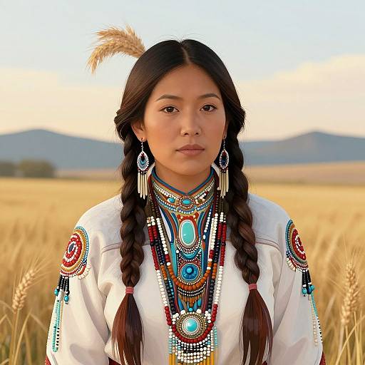 Photograph of a young Native American woman with long black braided hair, wearing intricate traditional beadwork and turquoise jewelry, standing in a golden wheat field