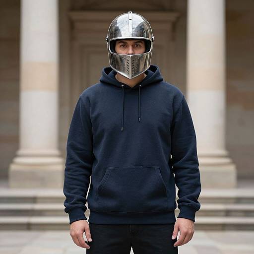 Photograph of a man in a black hoodie and silver medieval-style helmet with a metal face guard, standing in front of stone columns.