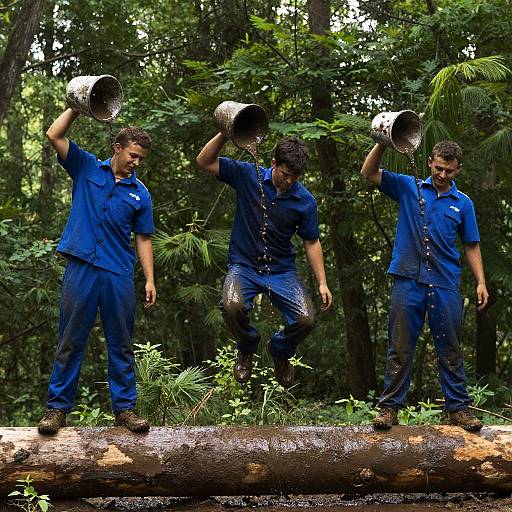 Young Men Pouring Mud in Forest
