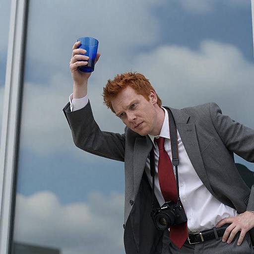 Determined Man with Blue Glass Object