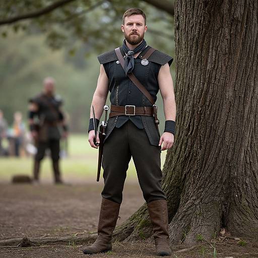 Photograph of a muscular, bearded man in medieval-style black armor with brown boots, standing by a tree in a forest, with a blurred figure