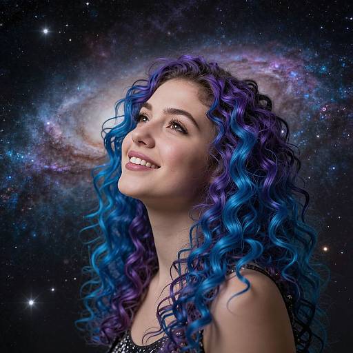 Photograph of a smiling woman with vibrant blue and purple curly hair, set against a cosmic galaxy background with swirling stars.