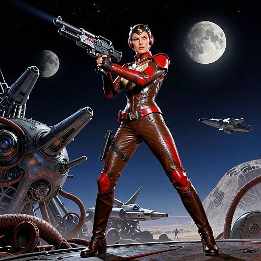 CGI image of a fierce woman in a red and black leather suit, holding a gun, standing on a spaceship deck at night with a full moon