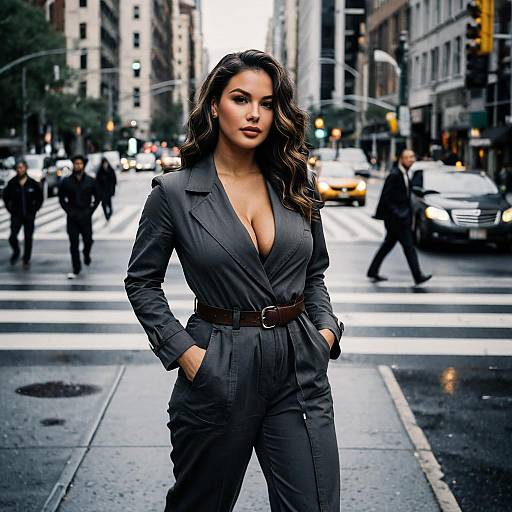 Woman in Gray Utility Jumpsuit at Urban Crosswalk