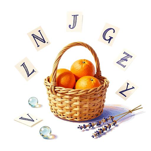 Whimsical Still Life with Basket of Oranges