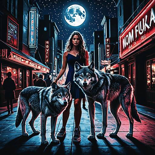 Woman with Wolves in Neon-lit Night Street
