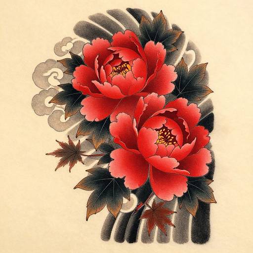 Vibrant digital illustration of red peonies with black leaves and swirling gray patterns, against a cream background. Bold, contrasting colors.