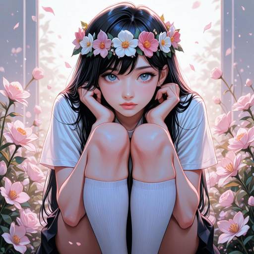 Cute girl with flower crown seated among blooms