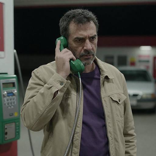 Middle-Aged Man at Gas Station Payphone