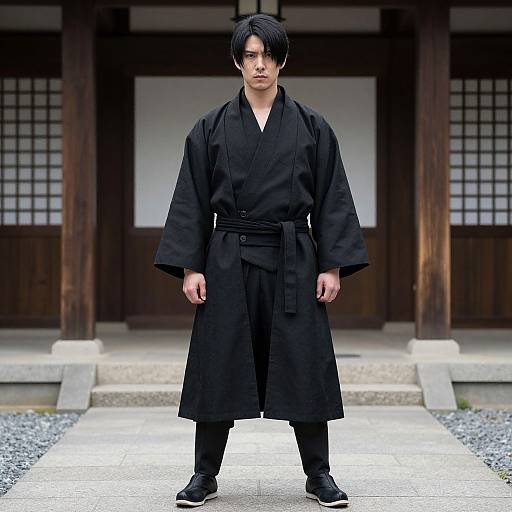 Photograph of a serious East Asian man in a black kimono standing in front of a traditional wooden Japanese house.