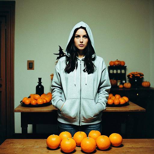 Photograph of a young woman with long black hair, wearing a white hooded sweatshirt, standing in a room filled with orange pumpkins and wooden