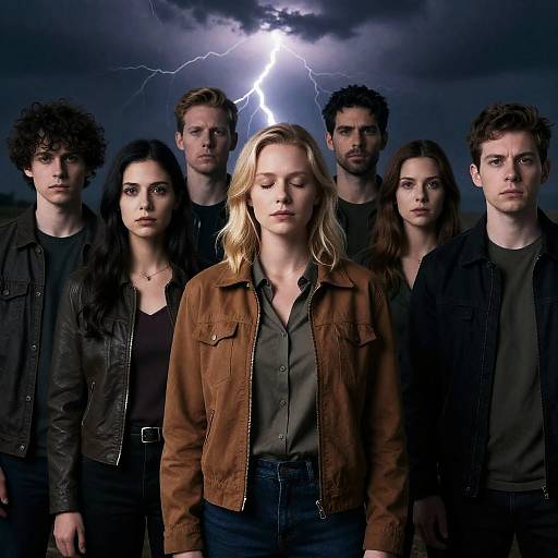 Group of Six People with Stormy Lightning Background