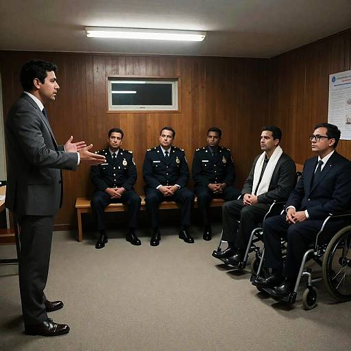 Men in Formal and Uniform Attire in Meeting Room