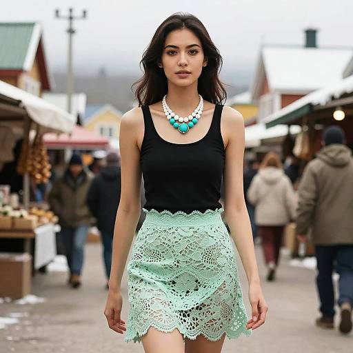 Photograph of a young woman with long dark hair, wearing a black tank top, mint green lace skirt, and turquoise necklace, walking through a bustling