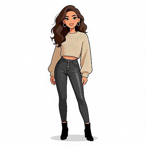 Digital illustration of a smiling woman with long brown hair, wearing a white sweater, black high-waisted jeans, and black ankle boots.