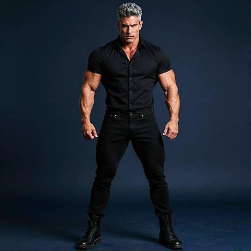 Photograph of a muscular, gray-haired man in a black, button-up shirt and pants, standing confidently with fists clenched, against a dark blue