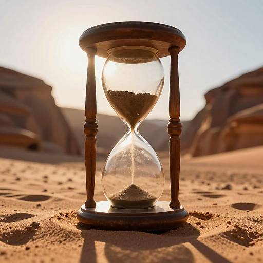 Photograph of an hourglass with sand trickling down, set on a sunlit desert sand dune with rocky cliffs in the background.