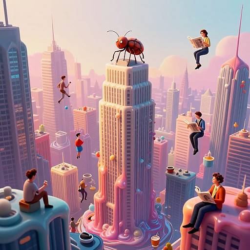 Digital illustration: whimsical cityscape with cartoon people and a giant beetle on tall buildings, reading and walking, in vibrant pink and blue hues, under