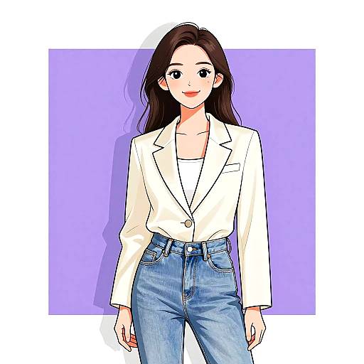 Digital anime-style drawing of a young woman with long dark hair, wearing a white blazer, white shirt, and blue jeans, standing against a purple