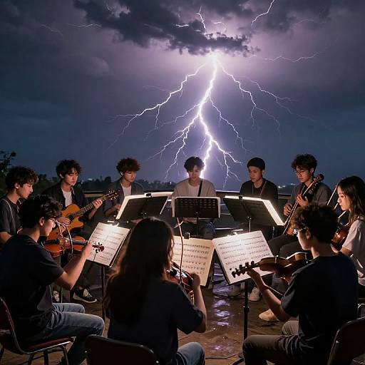 Photograph of a string quartet performing under a dramatic lightning storm, with bright lightning illuminating the dark, cloudy sky. Musicians sit in a