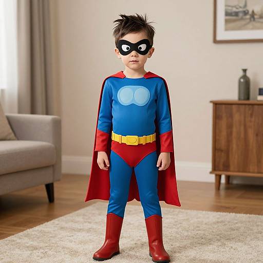 Photograph of a young boy in a Superman costume with blue shirt, red pants, red boots, red cape, and black mask, standing in a