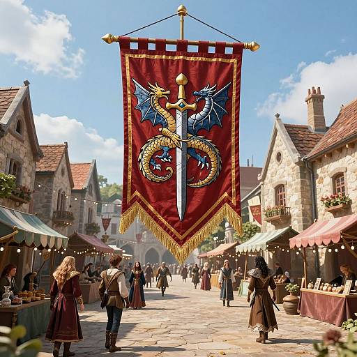 Medieval marketplace scene with a red banner featuring a golden dragon and sword, bustling with people in period clothing under a bright blue sky. Digital artwork.