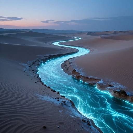 Photograph of a glowing, luminescent river winding through dark, rippled sand dunes under a twilight sky with subtle pink and blue hues.