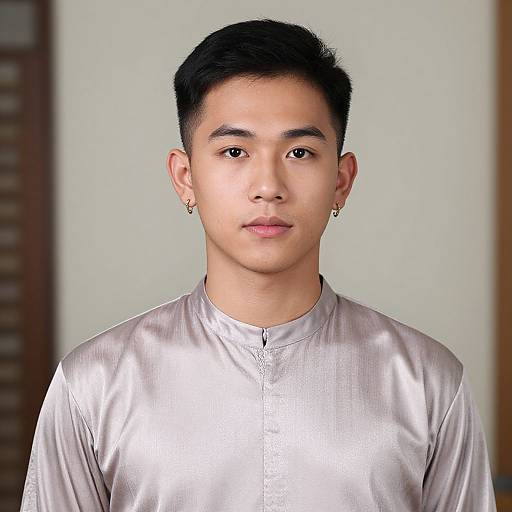 Photograph of an Asian man with short black hair, wearing a shiny silver satin shirt and small gold earrings, against a plain light background.