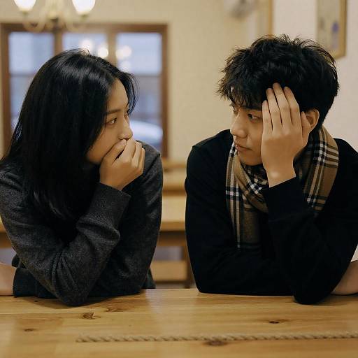 Two People Facing Each Other at Wooden Table