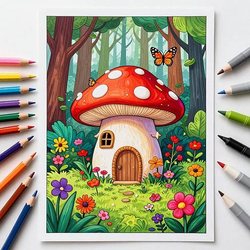 Vibrant Forest Mushroom House Scene