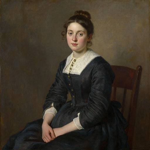 Classical oil painting of a young Caucasian woman with fair skin and brown hair, wearing a black dress with white lace collar, seated on a wooden chair