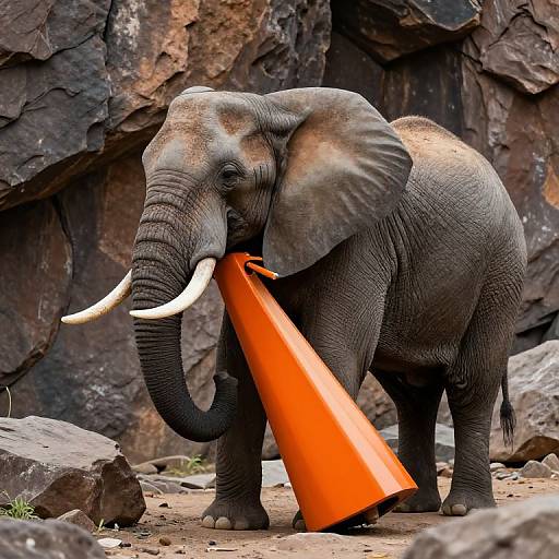 Photograph of a gray African elephant with large white tusks playfully holding an orange traffic cone in a rocky, natural habitat.