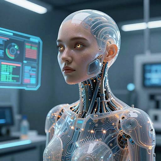 Photorealistic CGI of a bald, female humanoid robot with transparent, glowing circuits, in a futuristic lab with neon screens.