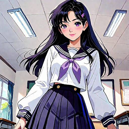 Anime-style digital drawing of a cute young woman with long black hair, wearing a white sailor school uniform and purple skirt, standing in a brightly lit classroom