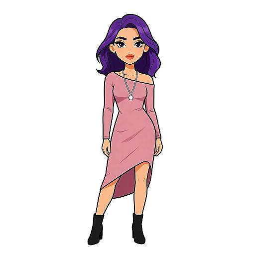 Digital anime-style drawing of a purple-haired woman in a pink, off-shoulder, long-sleeve dress with an asymmetrical hem, black