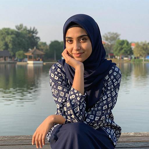 Serene Portrait by Lakeside Bench