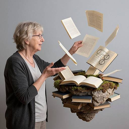 Photograph of an elderly woman with gray hair, glasses, and black cardigan, holding books that float upwards, surrounded by more books and moss on
