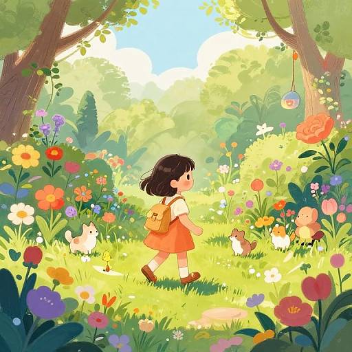 Whimsical digital illustration of a young girl with black hair, orange dress, and yellow backpack, walking through a vibrant, sunlit forest filled with