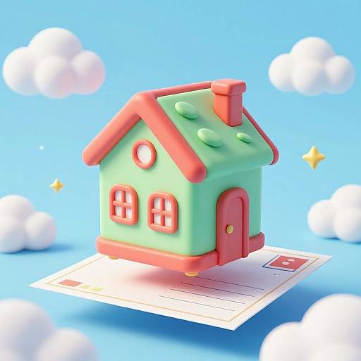 Digital illustration of a colorful, cartoon-style house with mint-green walls, red roof, and door, floating on a paper against a blue sky with white