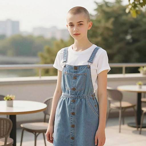 Photograph of a young, fair-skinned girl with a shaved head, wearing a white t-shirt and blue denim pinafore dress, standing outdoors