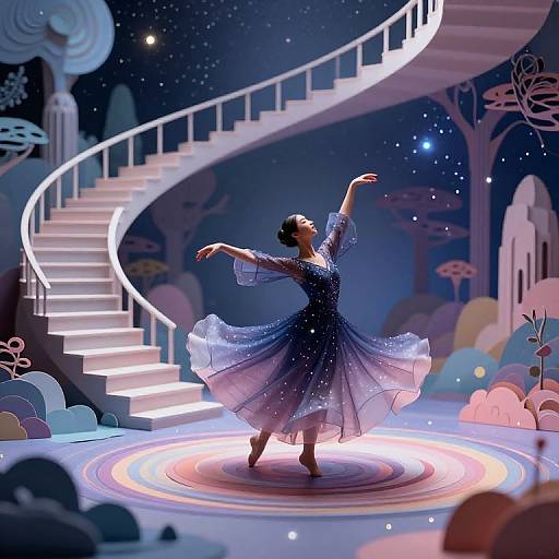 Digital art of a dancing ballerina in a sparkling blue dress, performing under a glowing circular light on a starry stage with a spiraling staircase