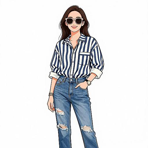 Smiling Woman in Casual Navy Stripe Shirt