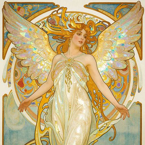 Art Nouveau-style digital illustration of a radiant, golden-haired angelic woman with large, iridescent wings, wearing a shimmering white dress,