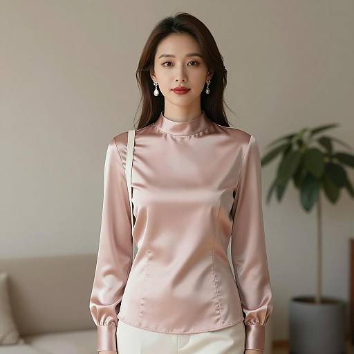 Elegant Asian Woman in Pink Satin Blouse