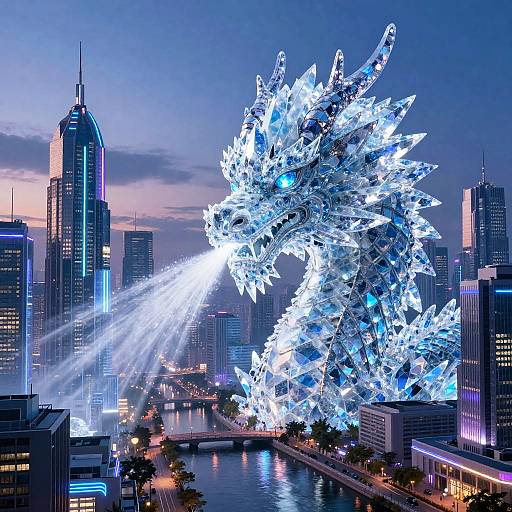 Photograph of a glowing, ice-crystal dragon sculpture emitting beams of light, set against a twilight city skyline with illuminated skyscrapers.