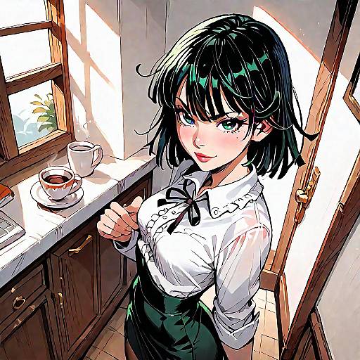 Digital anime-style drawing of a cute, black-haired girl with green eyes, wearing a white blouse and green apron, standing in a sunlit kitchen