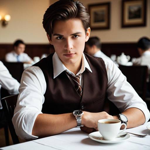 Young Man in Formal Dining Attire with Tea